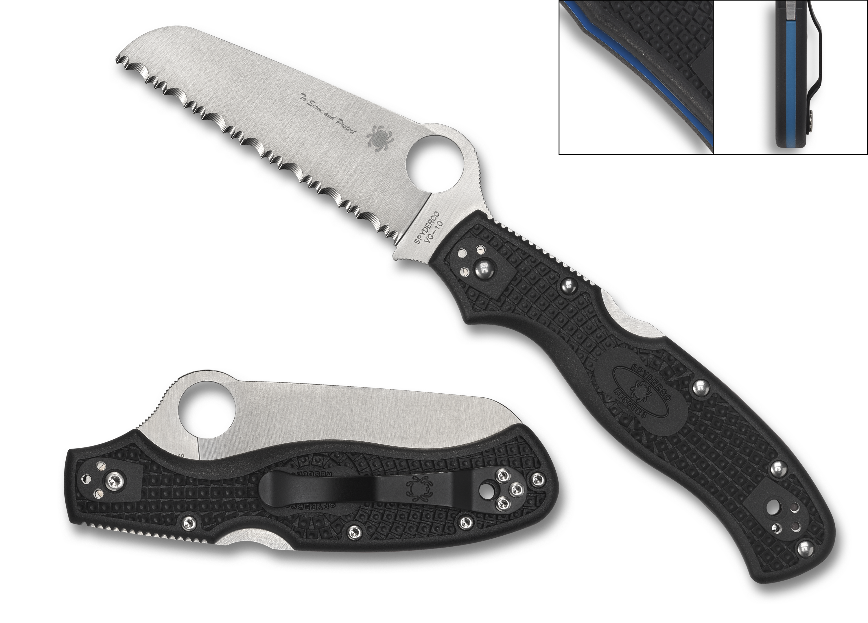 Spyderco Rescue 3 - Black FRN - Thin Blue Line - Fully Serrated Blade - C14FSBKBL3 - CLOSEOUT